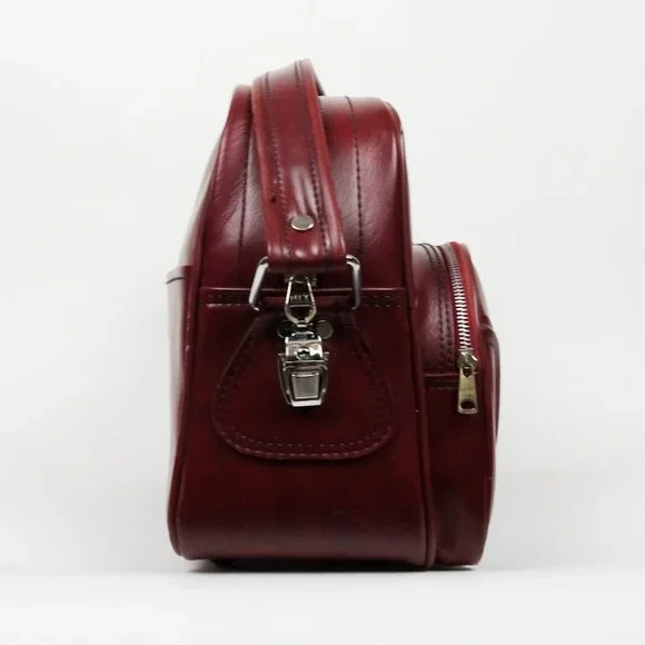 Vintage Airway Faux Leather Maroon Travel Shoulder Bag Carry On Luggage Retro - Picture 4 of 6